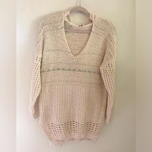 Free People Cream V-Neck Hoodie Knit Sweater with Mint Green Accents Size XS
